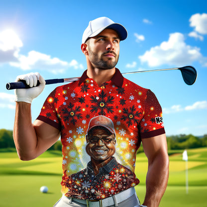 Custom Face Golf Polo Shirt – Personalized Christmas Golf Shirt for Him, Unique Holiday Gift for Golfer, Snowflake Mosaic Art Design Golf Apparel Style 13.1