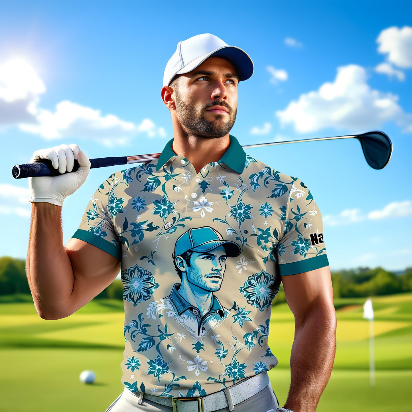 Custom Retro Pattern Art Polo Shirt – Personalized Face & Name | Vintage Floral Pattern Collared Shirt for Men Style 6