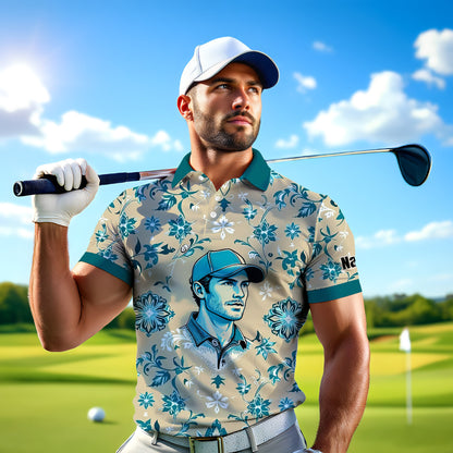 Custom Retro Pattern Art Polo Shirt – Personalized Face & Name | Vintage Floral Pattern Collared Shirt for Men Style 6