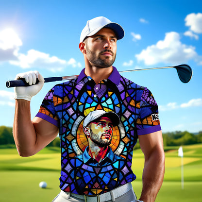 Custom Face Golf Polo Shirt – Personalized Stained Glass Art Shirt, Unique Golf Gift for Him, Colorful Abstract Golf Polo, Custom Sportswear
