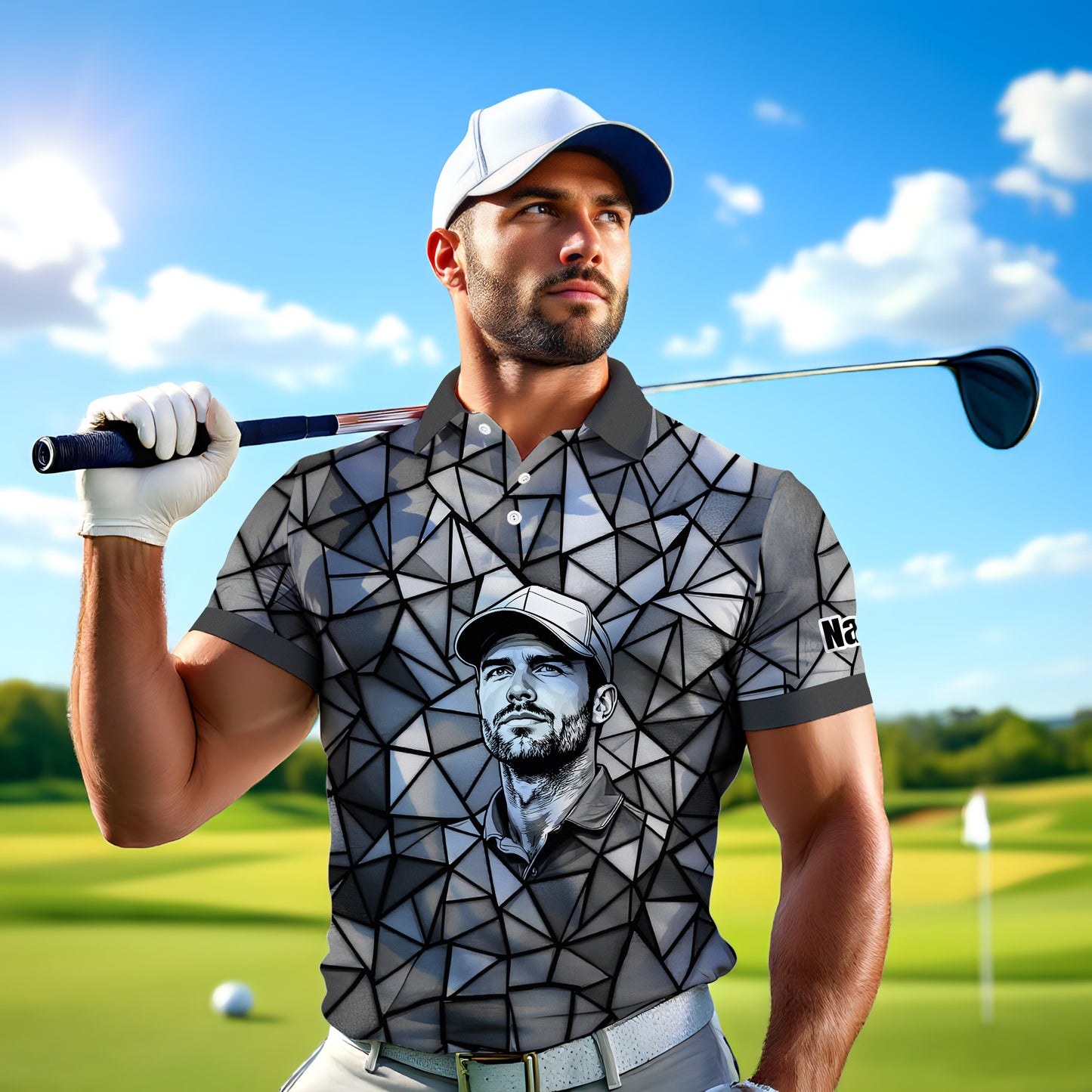 Angular Geometric Glass Pattern Custom Face Polo — Stained-Glass Mosaic Print, Personalized Sublimation Golf Shirt, Vibrant Geometric Portrait Tee
