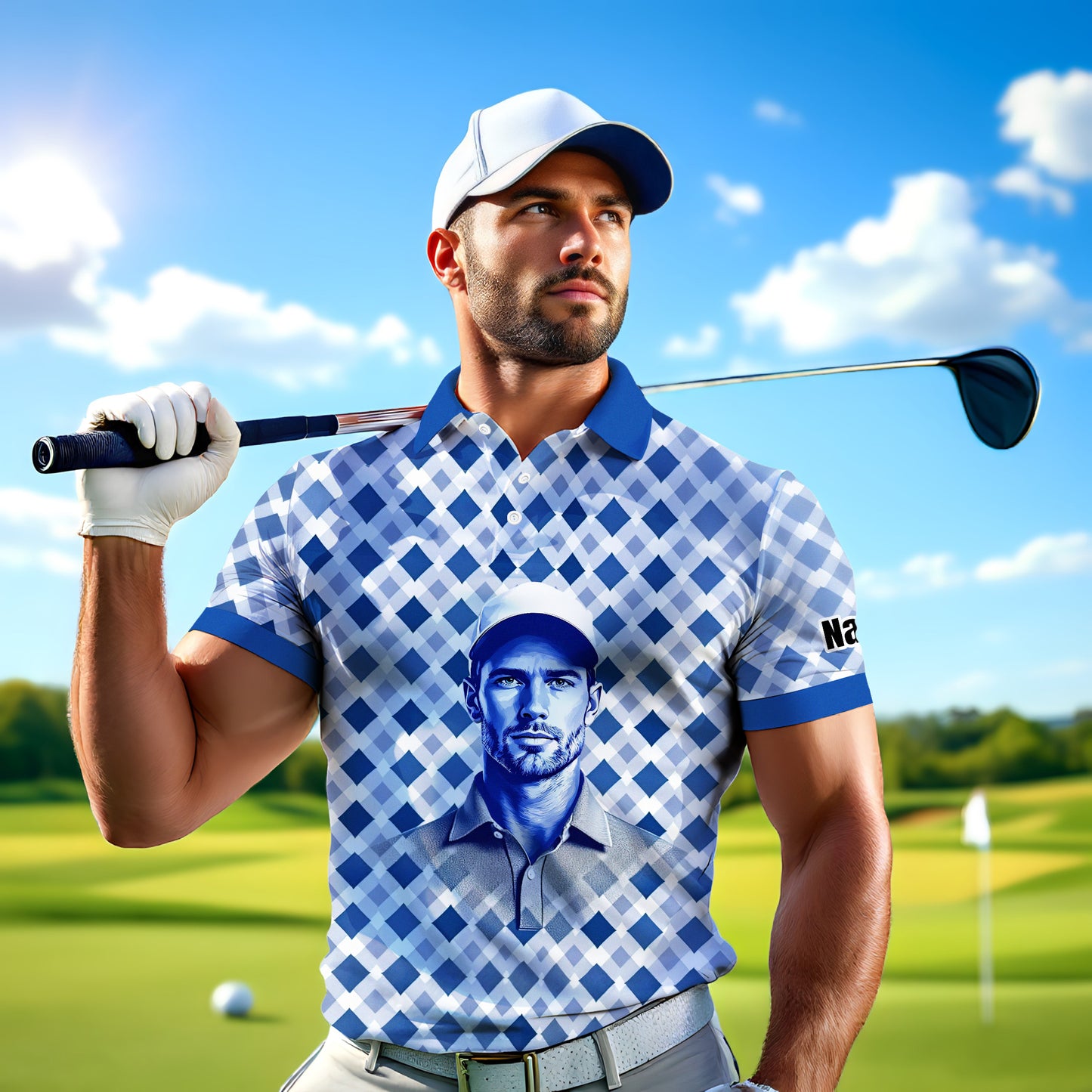 Custom Face Polo Shirt – Geometric Diamond Pattern | Personalized Photo Golf Polo | Unique Gift for Him, Retro Geometric Style Shirt Style 3