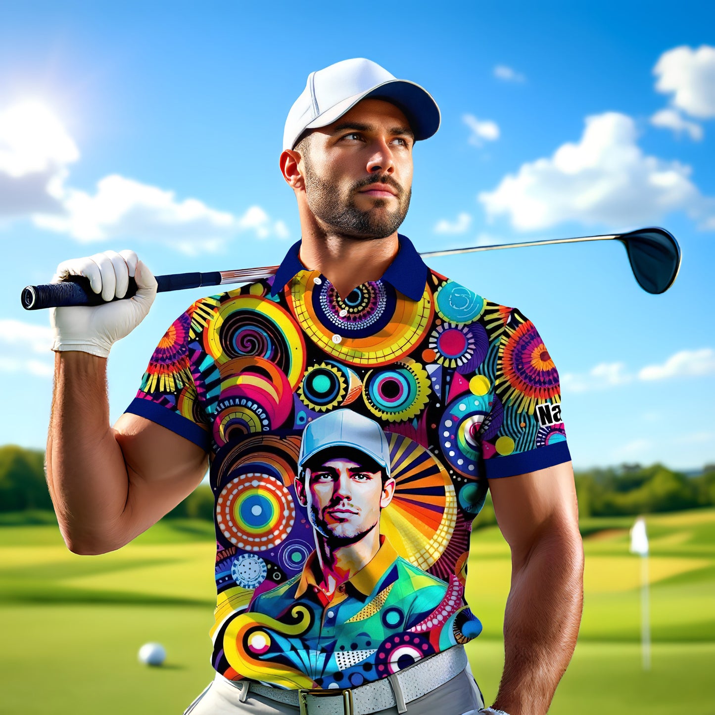 HomyGifts Custom Face Polo Shirt – Personalized Abstract Geometric Art Photo Shirt, Unique Gift for Him & Her