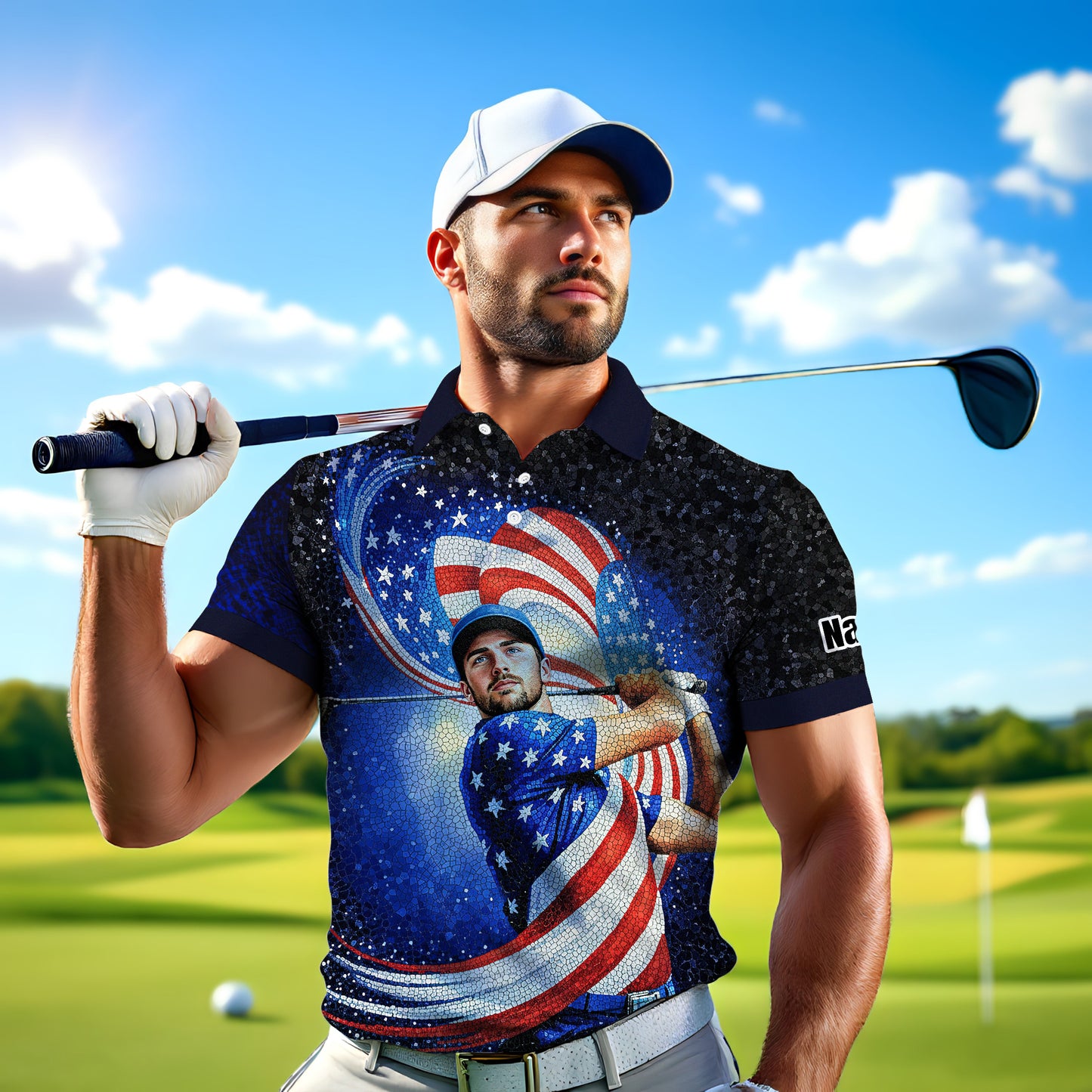 Custom Face Patriotic Golf Polo Shirt – Personalized USA Flag Design – American Pride Gift for Him – Mosaic Art Golf Shirt Style 12