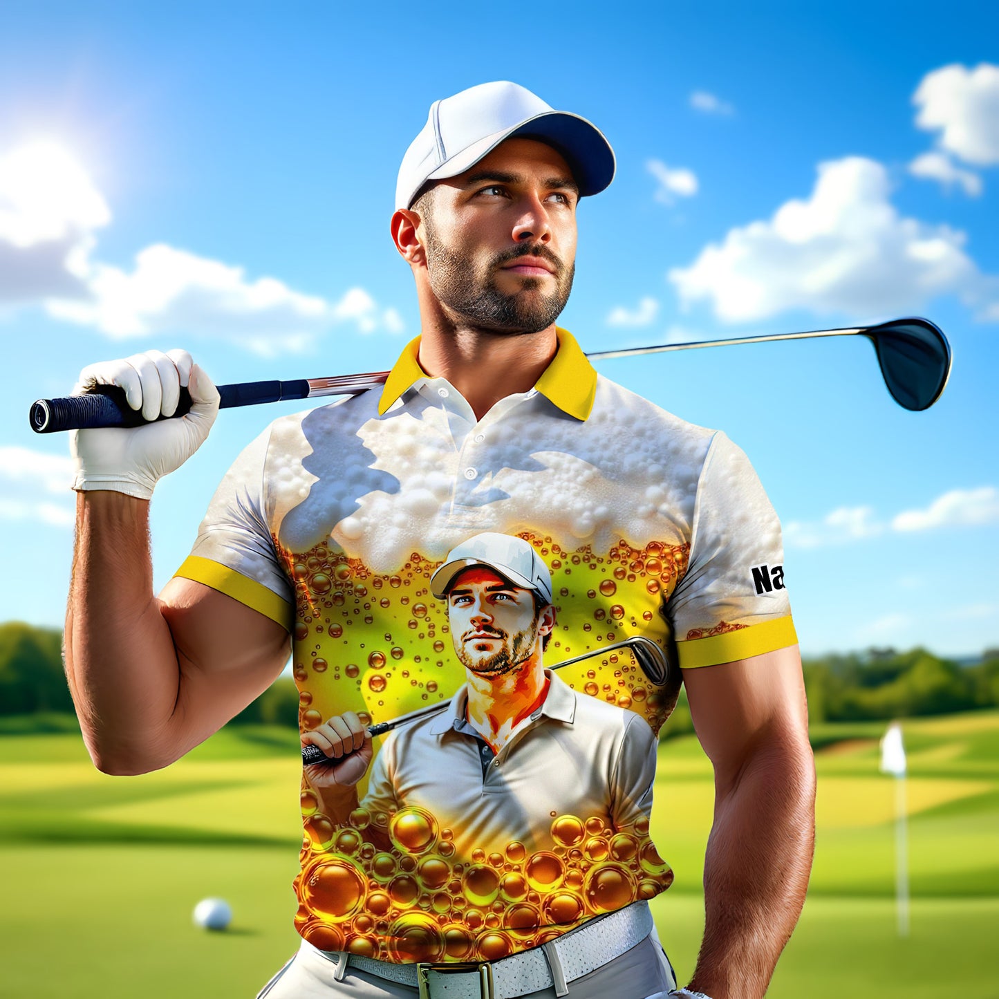 HomyGifts Men's Customized Face Artistic Golf Polo Shirt, Beer pattern Design, Special Gift for Beer & Golf Lovers, Summer Party Outfit, Unique Gift for Men Style 3