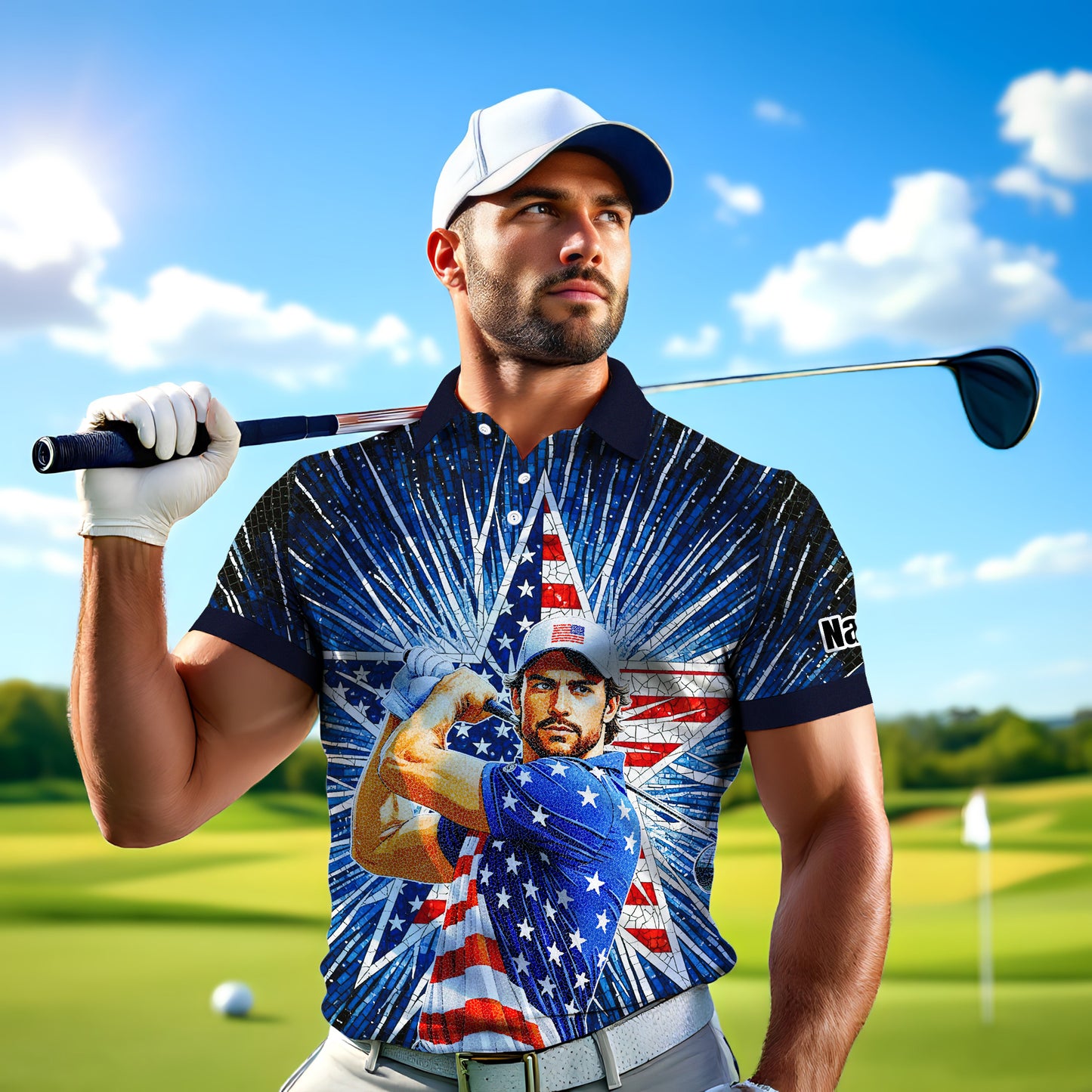 Custom Face Patriotic Golf Polo Shirt – Personalized USA Flag Design – American Pride Gift for Him – Mosaic Art Golf Shirt Style 4