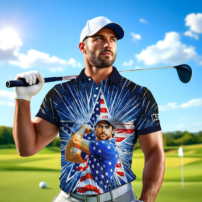 Custom Face Patriotic Golf Polo Shirt – Personalized USA Flag Design – American Pride Gift for Him – Mosaic Art Golf Shirt Style 4