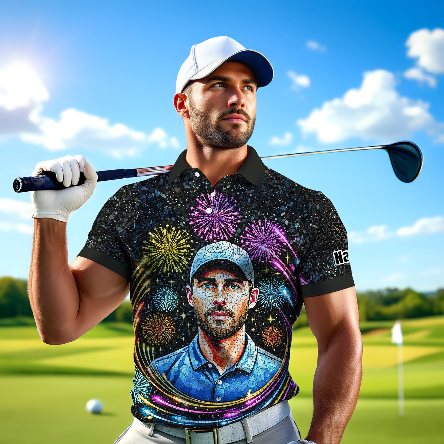 Custom Face Golf Polo Shirt – New Year Fireworks Edition | Personalized Golf Polo | Unique Holiday Gift for Him 2025 Style 9
