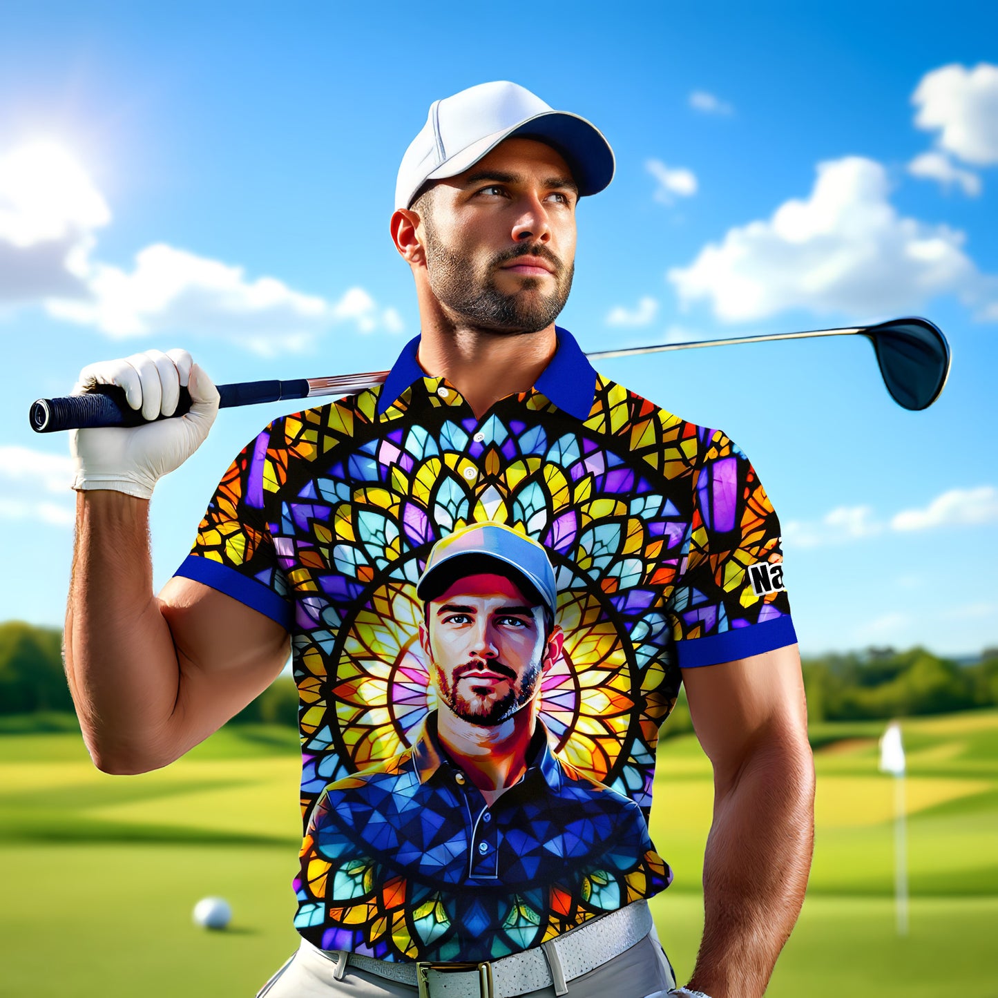 Custom Face Golf Polo Shirt – Personalized Stained Glass Mandala Style Polo, Unique Gift for Men & Women, Vibrant Artistic Golf Shirt, Custom Photo Polo