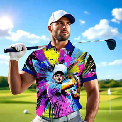 HomyGifts Men's Customized Face Artistic Golf Polo Shirt, Personalized Pop Art Golf Polo, Portrait Gift for Golfers Style 21