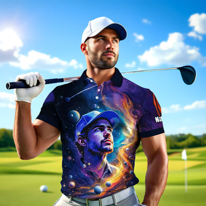 Custom Cosmic Portrait Polo Shirt – Personalized Surreal Galaxy Art with Your Face | Unique Gift for Golfers, Sports & Astrology Fans Style 2