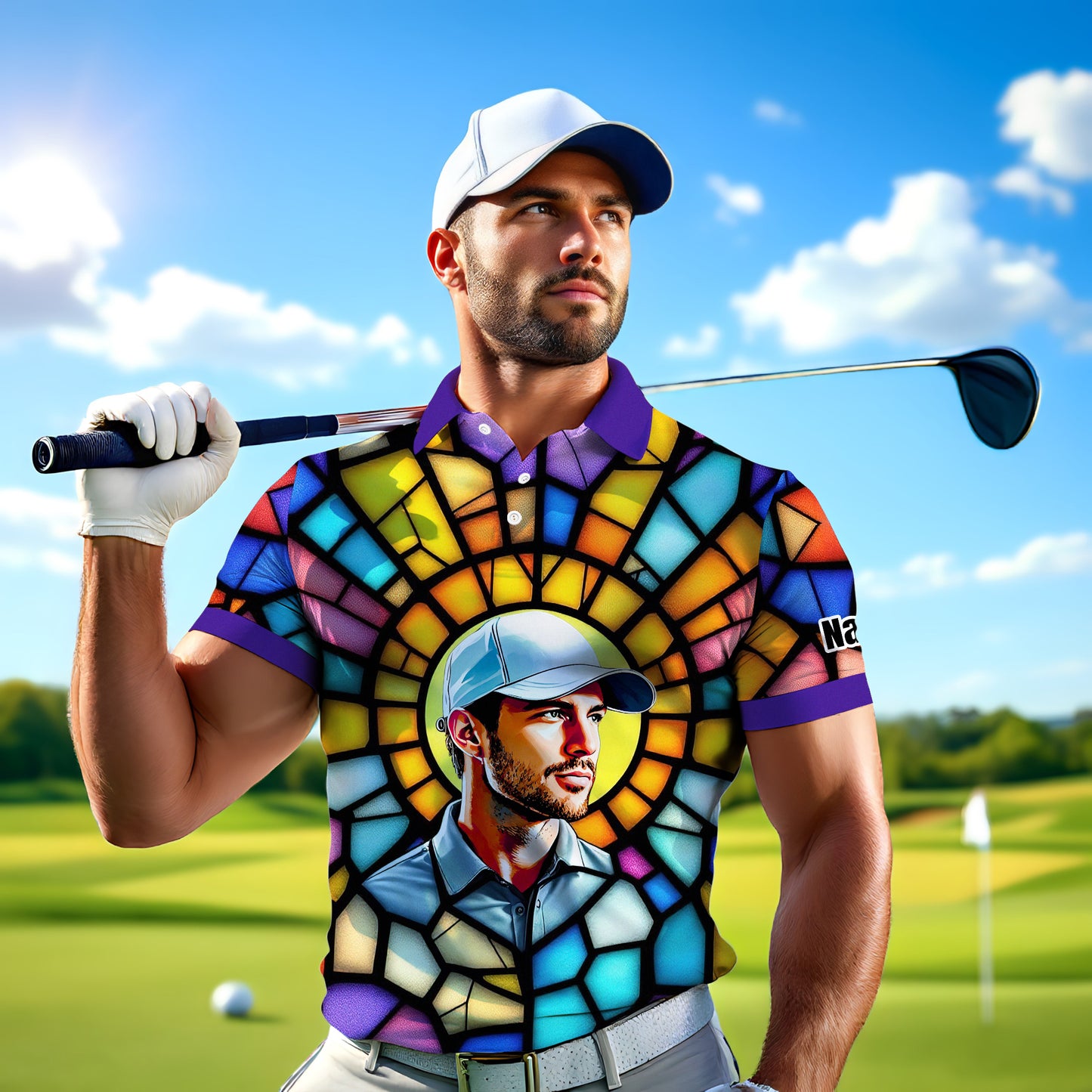 Custom Face Golf Polo Shirt – Personalized Stained Glass Art Shirt, Unique Golf Gift for Him, Colorful Abstract Golf Polo, Custom Sportswear