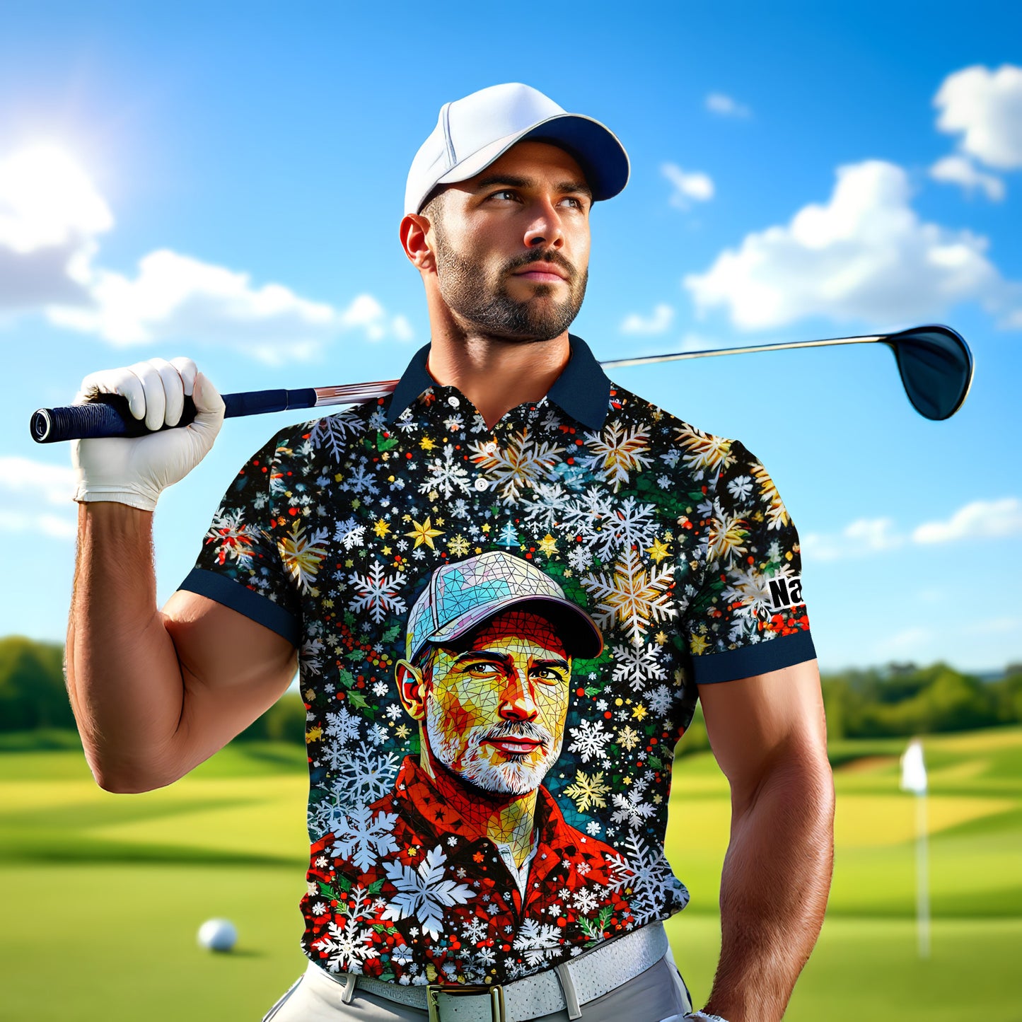 Personalized Christmas Golf Polo Shirt with Your Face – Custom Photo Holiday Shirt – Unique Mosaic Art Xmas Gift for Men, Custom Golf Apparel Style 2