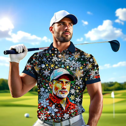 Personalized Christmas Golf Polo Shirt with Your Face – Custom Photo Holiday Shirt – Unique Mosaic Art Xmas Gift for Men, Custom Golf Apparel Style 2