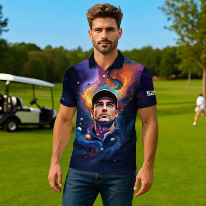 Custom Cosmic Portrait Polo Shirt – Personalized Surreal Galaxy Art with Your Face | Unique Gift for Golfers, Sports & Astrology Fans