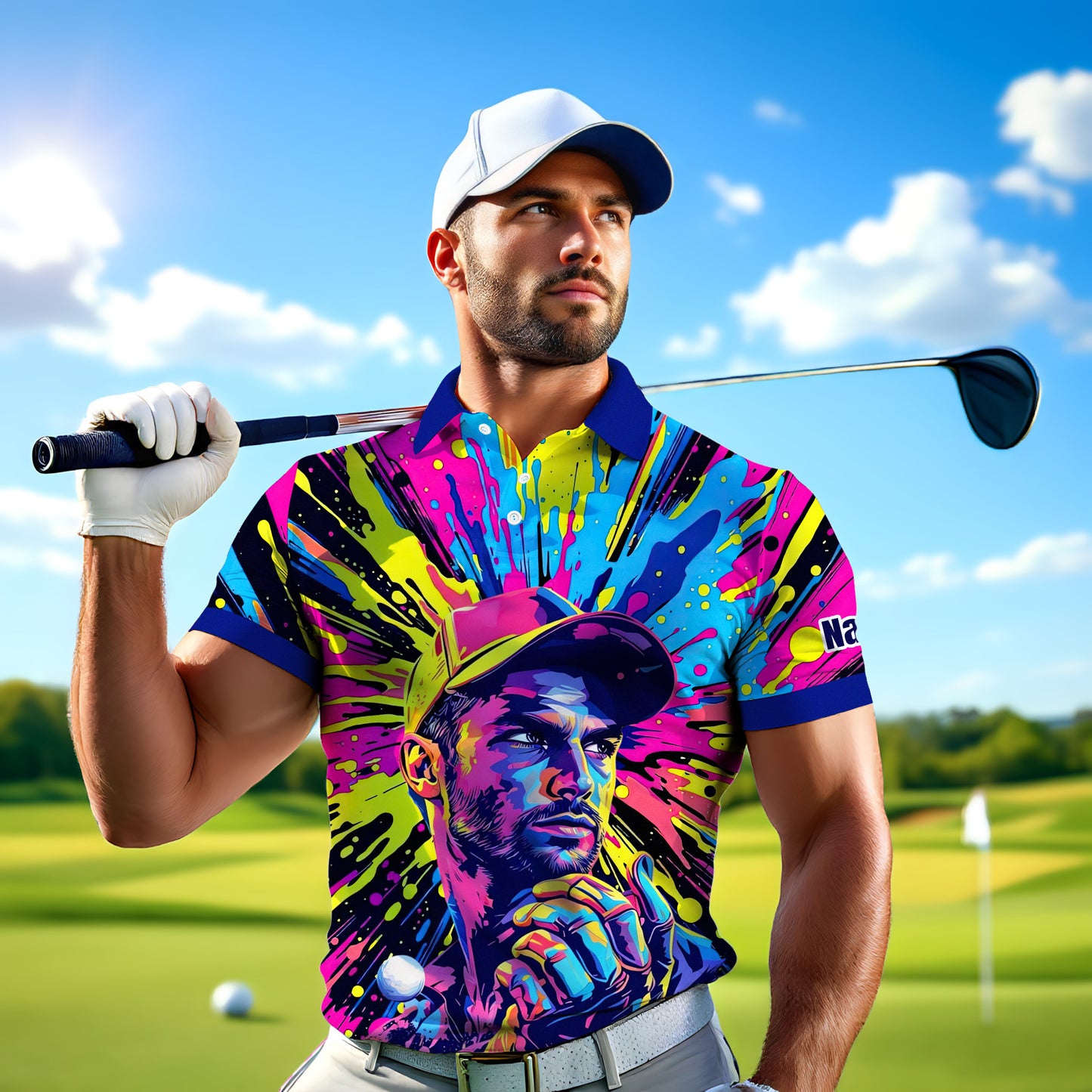 HomyGifts Men's Customized Face Artistic Golf Polo Shirt, Personalized Pop Art Golf Polo, Portrait Gift for Golfers Style 14