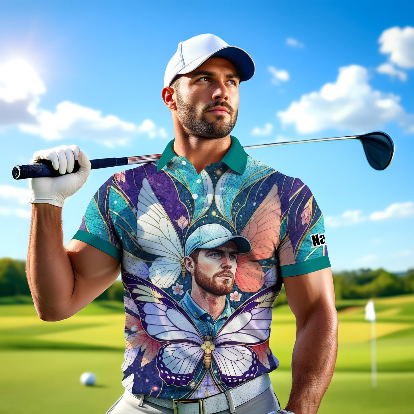 Custom Face Butterfly Golf Polo Shirt – Personalized Spring Mirage Art Style – Unique Gift for Him, Nature Inspired Men's Shirt Style 6