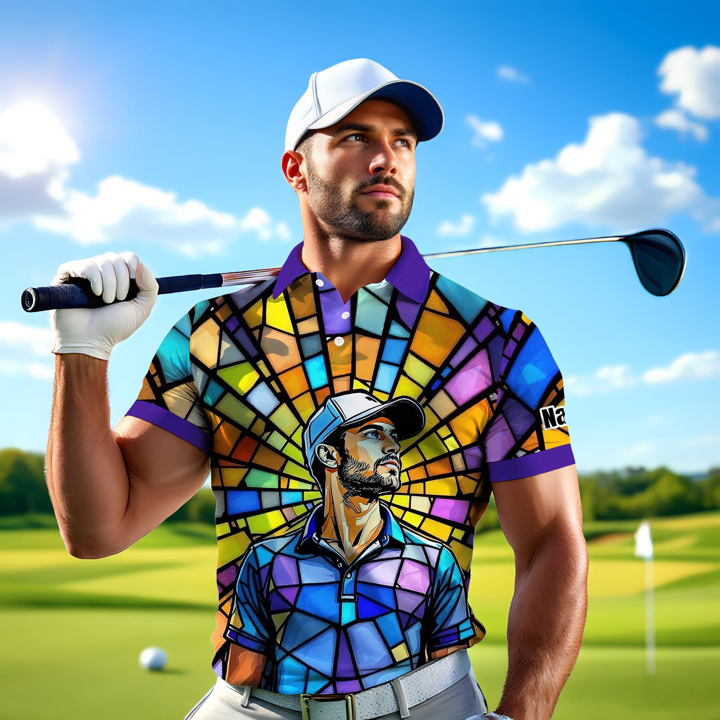 Custom Face Golf Polo Shirt – Personalized Stained Glass Art Shirt, Unique Golf Gift for Him, Colorful Abstract Golf Polo, Custom Sportswear