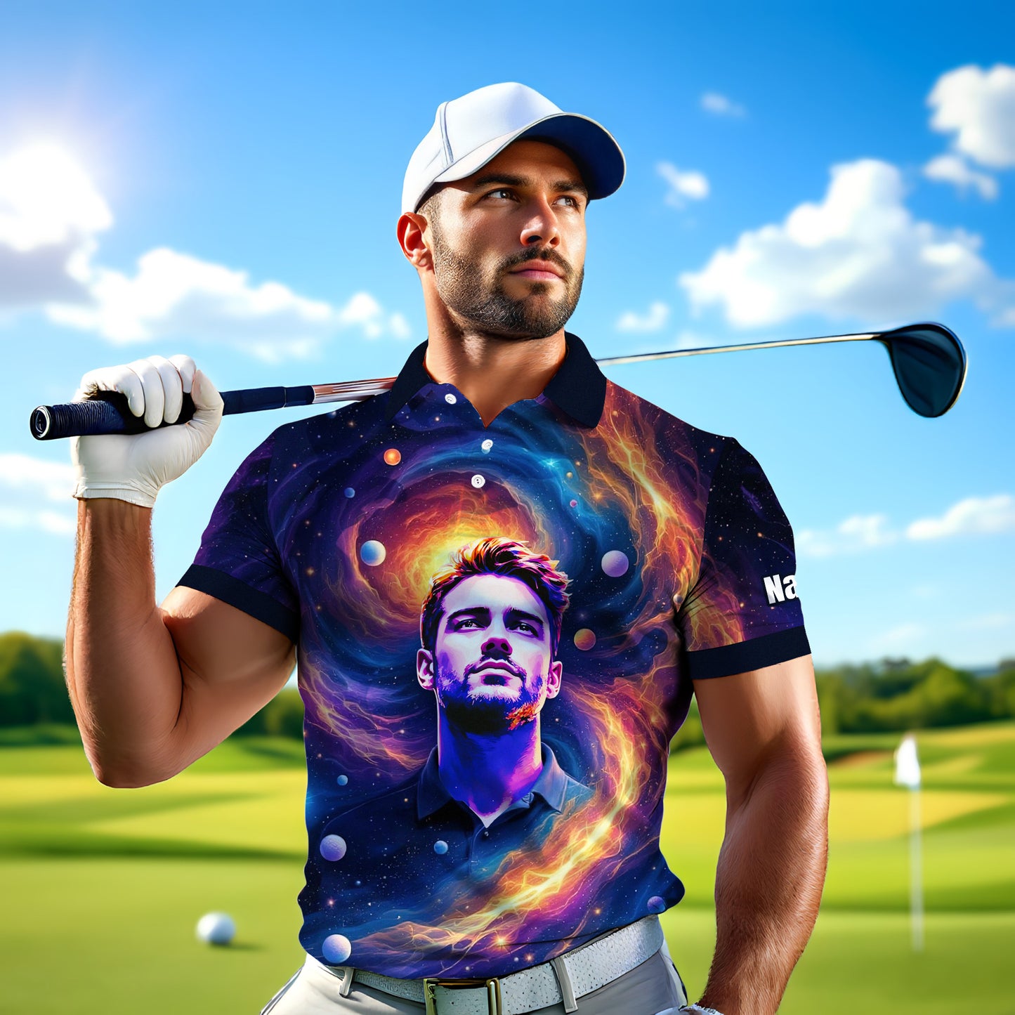 Custom Cosmic Portrait Polo Shirt – Personalized Surreal Galaxy Art with Your Face | Unique Gift for Golfers, Sports & Astrology Fans Style 7