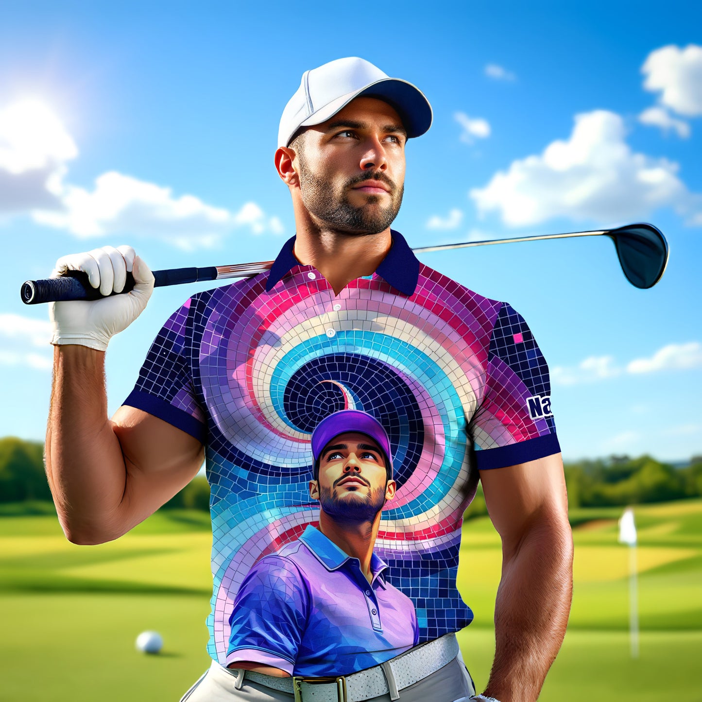 HomyGifts Men's Customized Face Artistic Golf Polo Shirt, Mosaic Art Style, Unique Personalized Golf Polo For Men