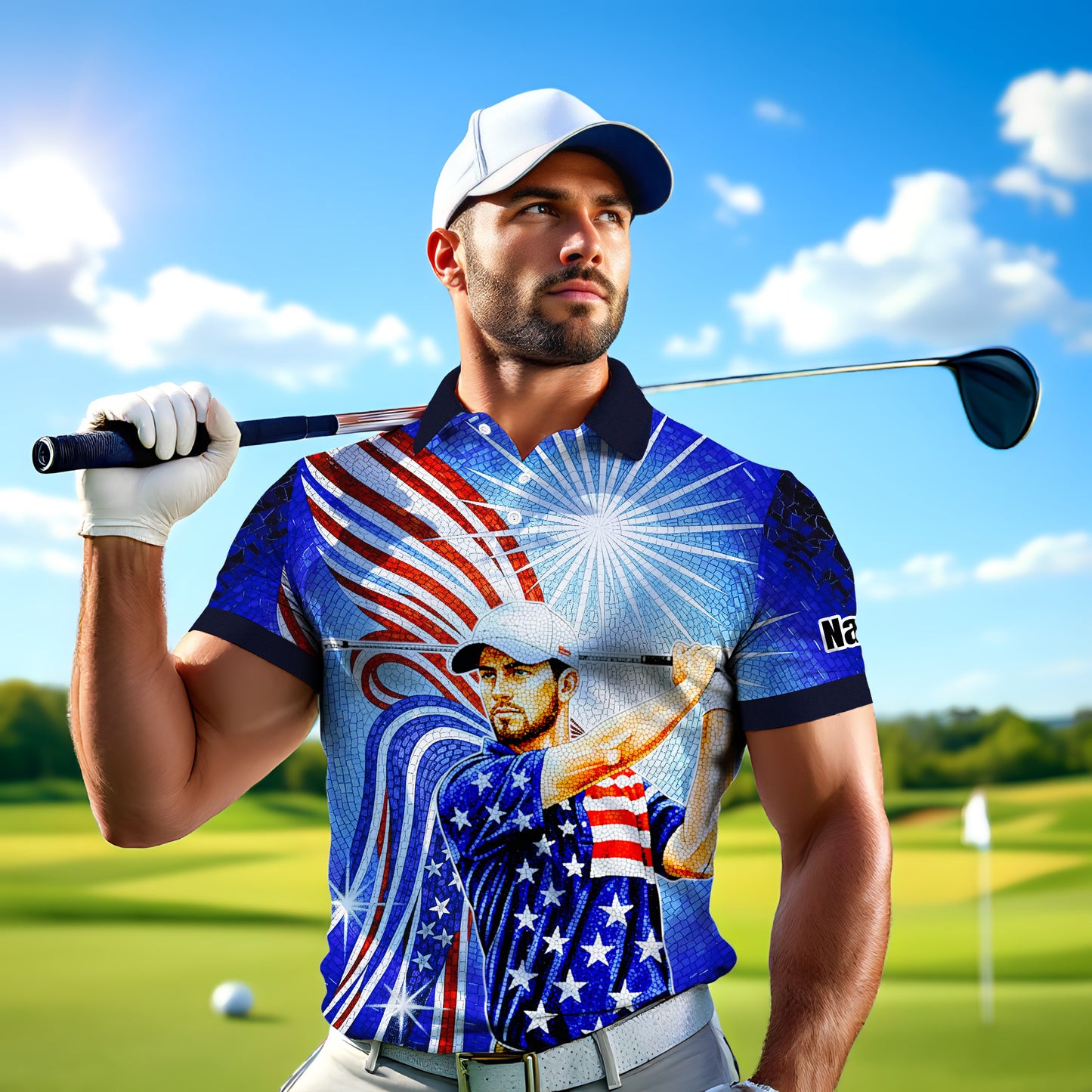 Custom Face Patriotic Golf Polo Shirt – Personalized USA Flag Design – American Pride Gift for Him – Mosaic Art Golf Shirt Style 5