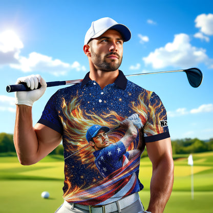 Custom Face Patriotic Golf Polo Shirt – Personalized USA Flag Design – American Pride Gift for Him – Mosaic Art Golf Shirt Style 9