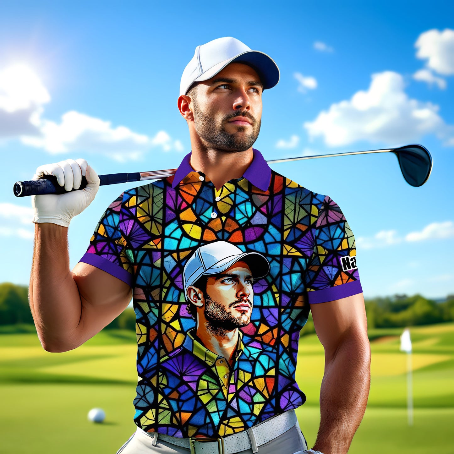 Custom Face Golf Polo Shirt – Personalized Stained Glass Art Shirt, Unique Golf Gift for Him, Colorful Abstract Golf Polo, Custom Sportswear