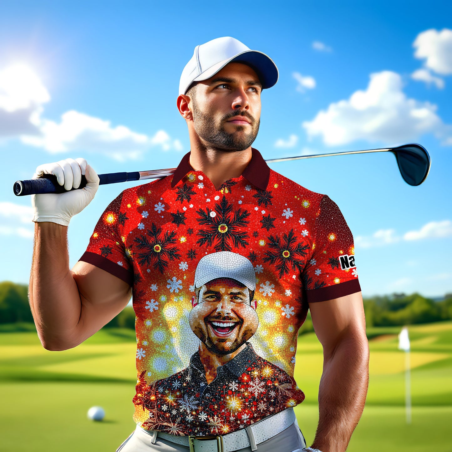 Custom Face Golf Polo Shirt – Personalized Christmas Golf Shirt for Him, Unique Holiday Gift for Golfer, Snowflake Mosaic Art Design Golf Apparel Style 13.3