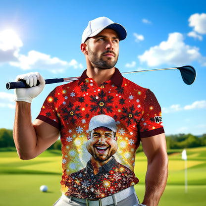 Custom Face Golf Polo Shirt – Personalized Christmas Golf Shirt for Him, Unique Holiday Gift for Golfer, Snowflake Mosaic Art Design Golf Apparel Style 13.3