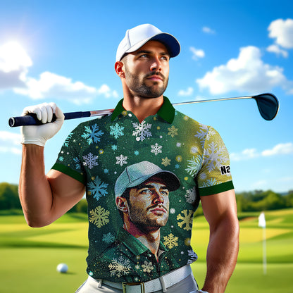 Custom Face Golf Polo Shirt – Personalized Christmas Golf Shirt for Him, Unique Holiday Gift for Golfer, Snowflake Design Golf Apparel Style 18