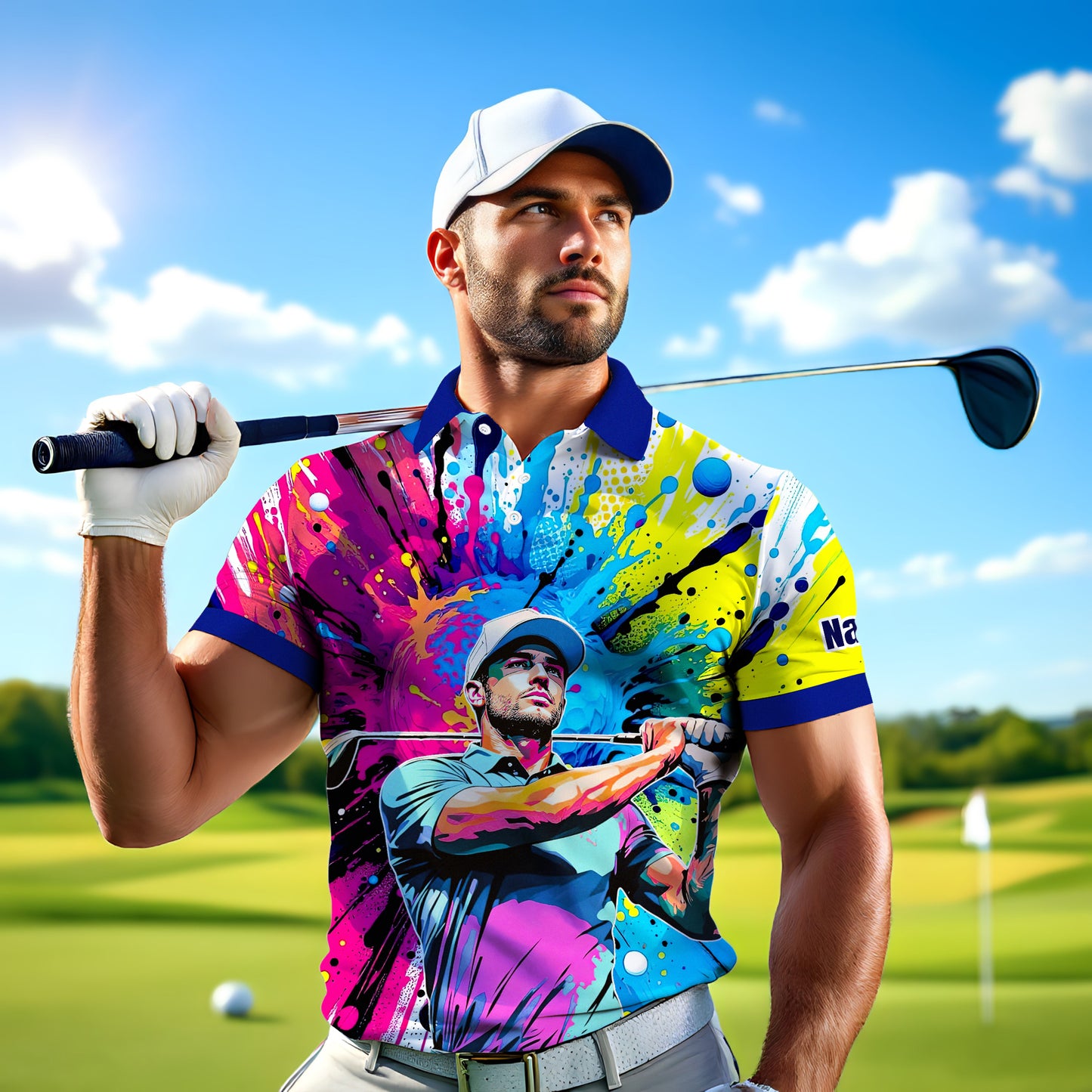 HomyGifts Men's Customized Face Artistic Golf Polo Shirt, Personalized Pop Art Golf Polo, Portrait Gift for Golfers Style 19