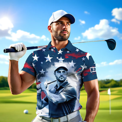 HomyGifts Men's Customized Face Artistic Golf Polo Shirt, Personalized American Flag Design, Unique Gift for Patriotic Golfers Style 29
