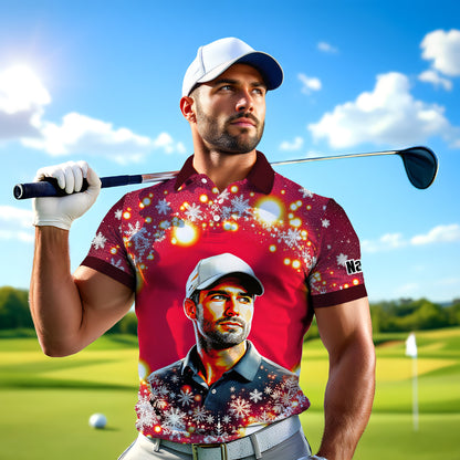 Custom Face Golf Polo Shirt – Personalized Christmas Golf Shirt for Him, Unique Holiday Gift for Golfer, Snowflake Design Golf Apparel Style 16