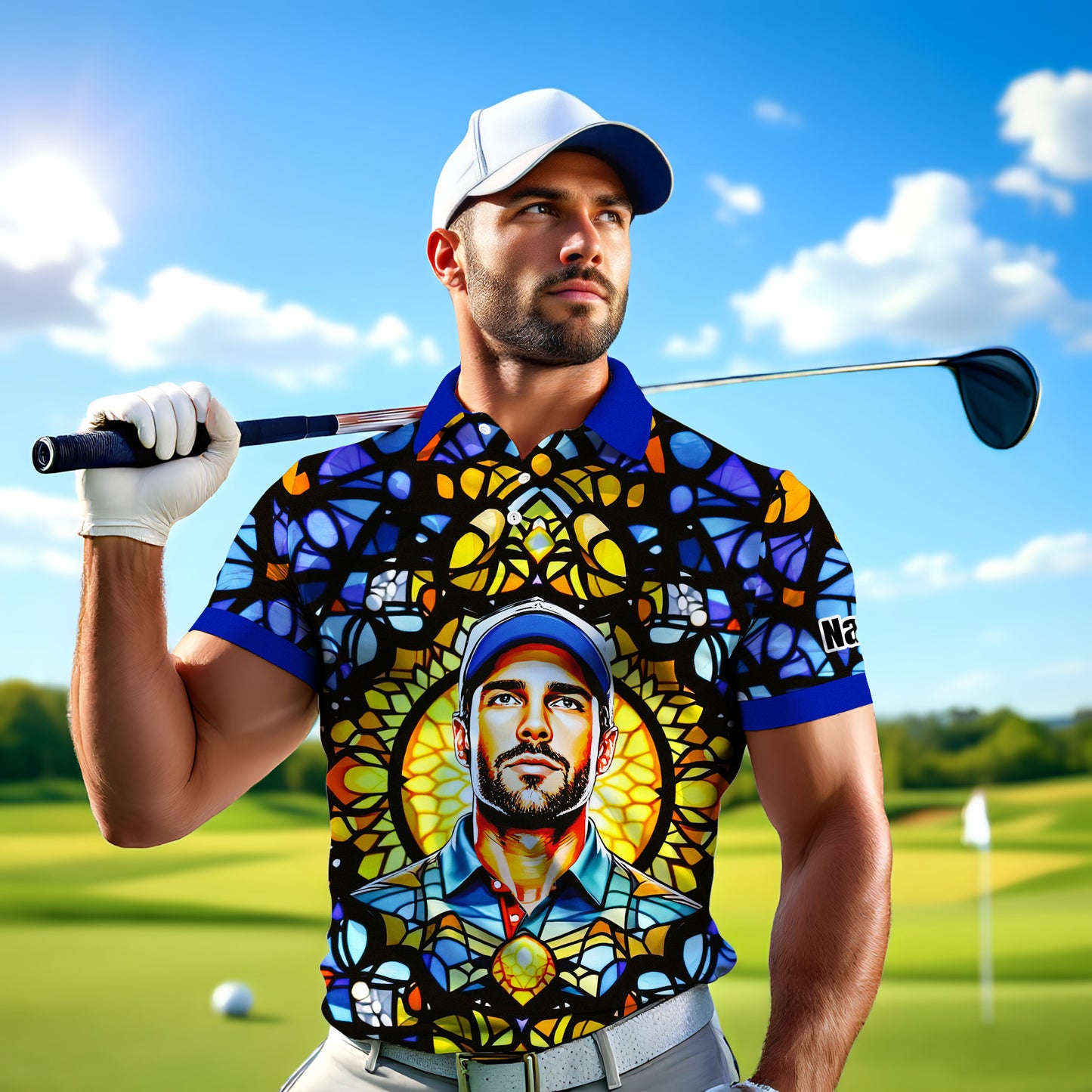 Custom Face Golf Polo Shirt – Personalized Stained Glass Mandala Style Polo, Unique Gift for Men & Women, Vibrant Artistic Golf Shirt, Custom Photo Polo