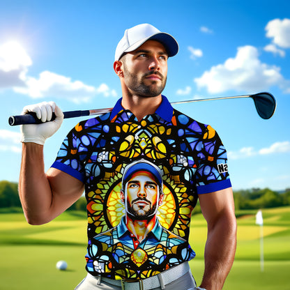 Custom Face Golf Polo Shirt – Personalized Stained Glass Mandala Style Polo, Unique Gift for Men & Women, Vibrant Artistic Golf Shirt, Custom Photo Polo