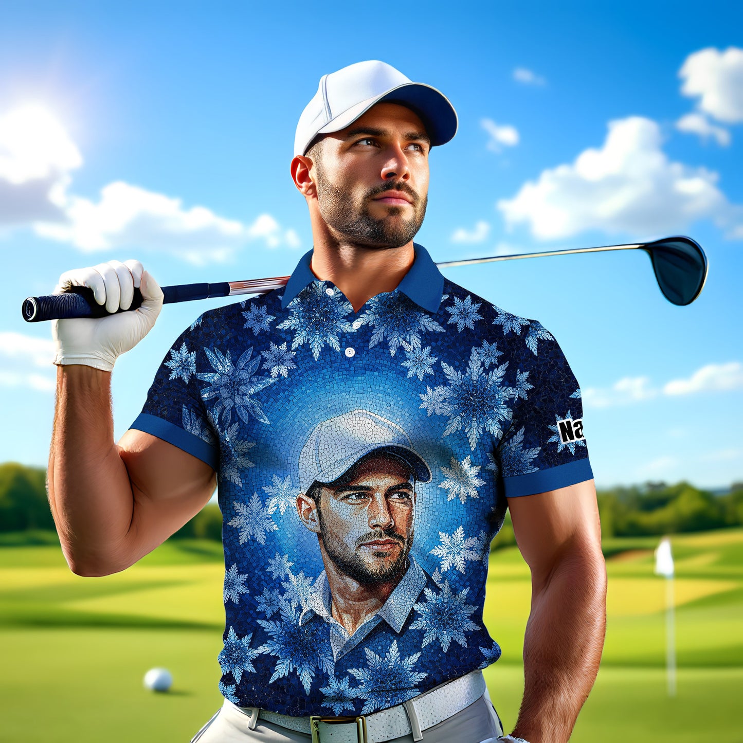 Custom Face Golf Polo Shirt – Personalized Christmas Golf Shirt for Him, Unique Holiday Gift for Golfer, Snowflake Design Golf Apparel Style 10