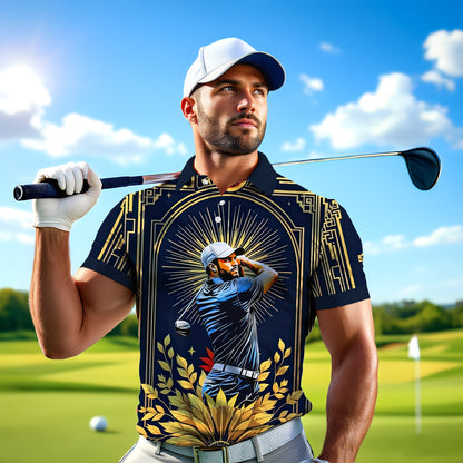 Custom Face Golf Polo Shirt – Swing in Gold Art Deco Revival Style | Personalized Golf Shirt for Men Style 5