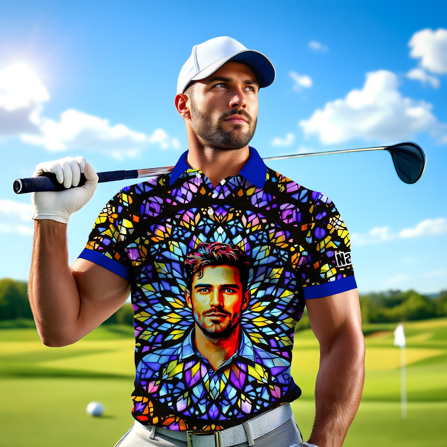 Custom Face Golf Polo Shirt – Personalized Stained Glass Mandala Style Polo, Unique Gift for Men & Women, Vibrant Artistic Golf Shirt, Custom Photo Polo