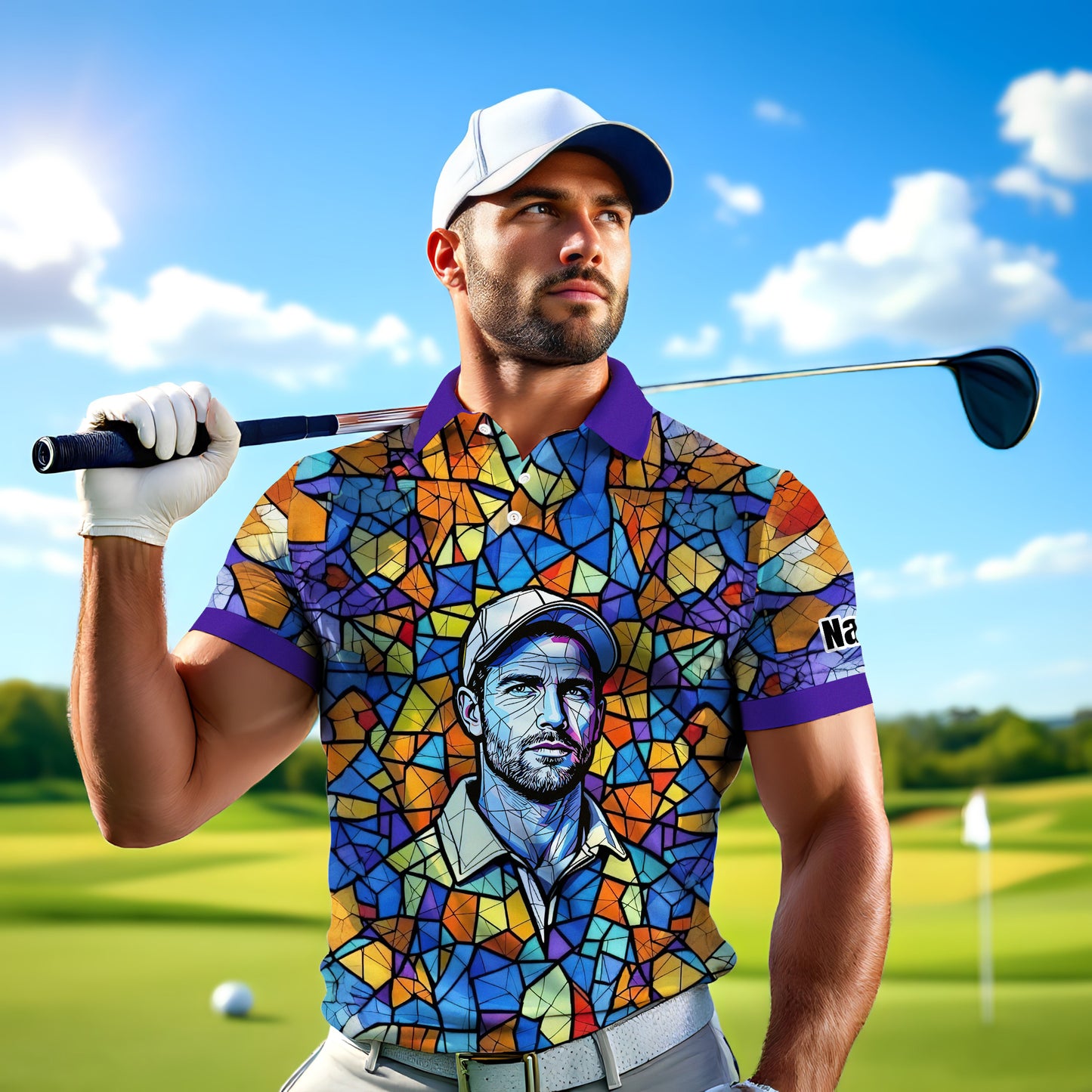 Custom Face Golf Polo Shirt – Personalized Stained Glass Art Shirt, Unique Golf Gift for Him, Colorful Abstract Golf Polo, Custom Sportswear