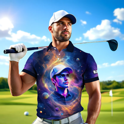 Custom Cosmic Portrait Polo Shirt – Personalized Surreal Galaxy Art with Your Face | Unique Gift for Golfers, Sports & Astrology Fans Style 6