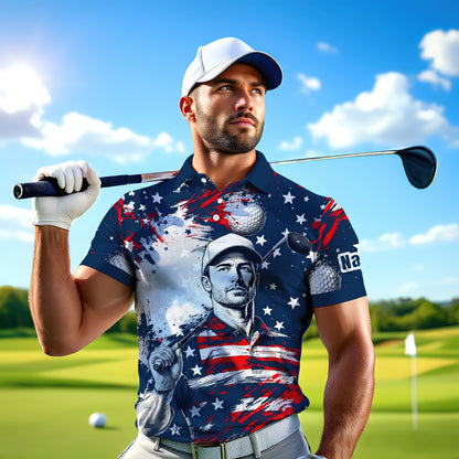 HomyGifts Men's Customized Face Artistic Golf Polo Shirt, Personalized American Flag Design, Unique Gift for Patriotic Golfers Style 19