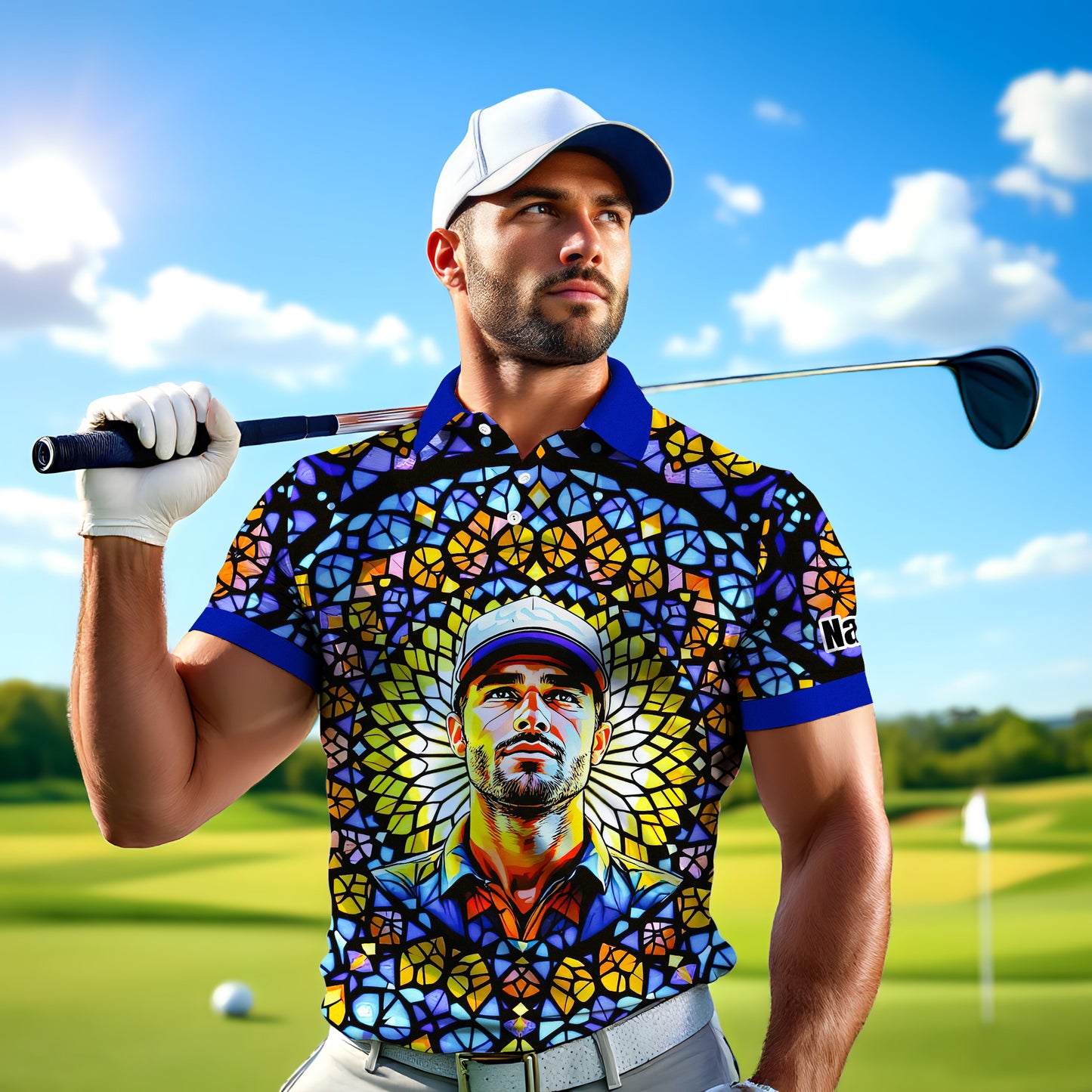 Custom Face Golf Polo Shirt – Personalized Stained Glass Mandala Style Polo, Unique Gift for Men & Women, Vibrant Artistic Golf Shirt, Custom Photo Polo