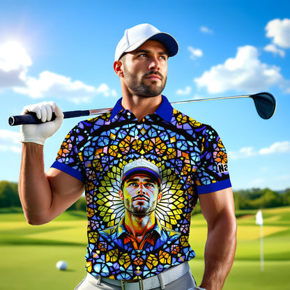 Custom Face Golf Polo Shirt – Personalized Stained Glass Mandala Style Polo, Unique Gift for Men & Women, Vibrant Artistic Golf Shirt, Custom Photo Polo