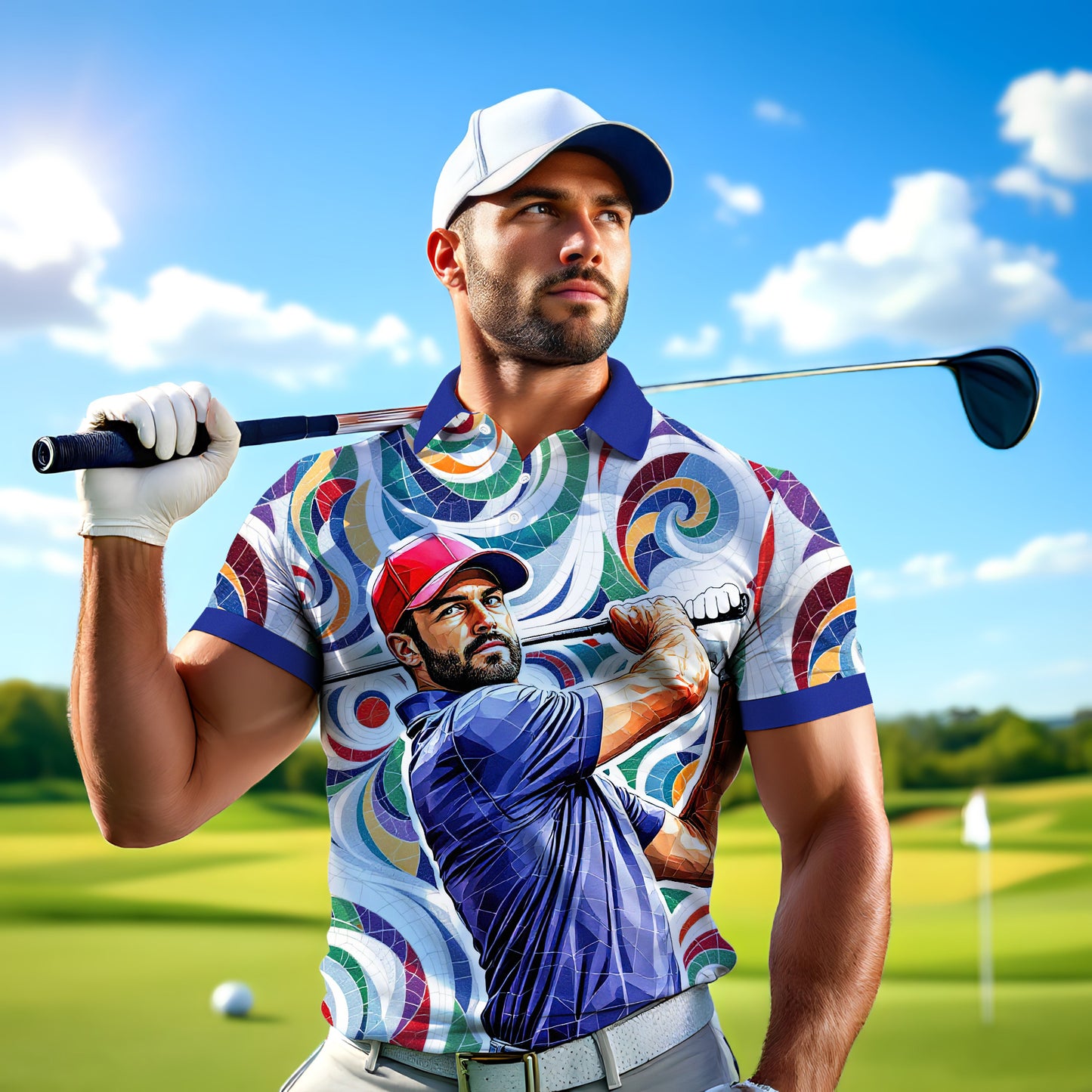 HomyGifts Men's Customized Face Artistic Golf Polo Shirt, Personalized American Flag Design, Unique Gift for Patriotic Golfers Style 12