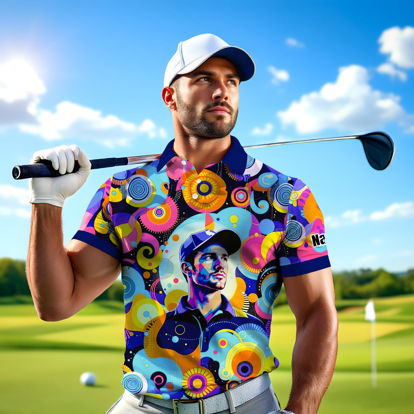 HomyGifts Custom Face Polo Shirt – Personalized Abstract Geometric Art Photo Shirt, Unique Gift for Him & Her