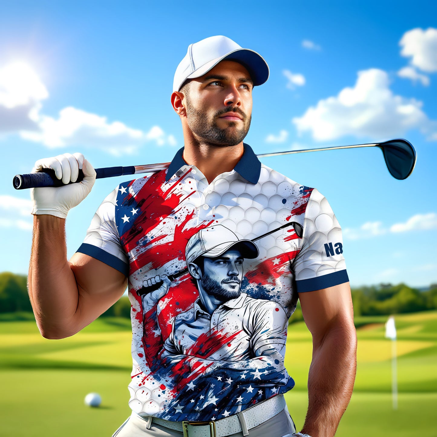 HomyGifts Men's Customized Face Artistic Golf Polo Shirt, Personalized American Flag Design, Unique Gift for Patriotic Golfers Style 26