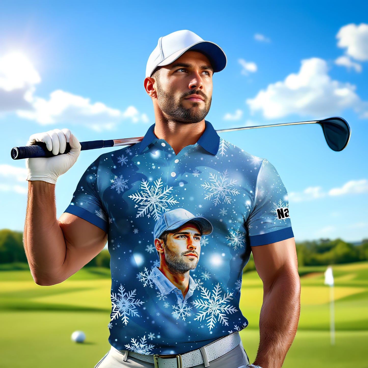 Custom Face Golf Polo Shirt – Personalized Christmas Golf Shirt for Him, Unique Holiday Gift for Golfer, Snowflake Design Golf Apparel Style 5
