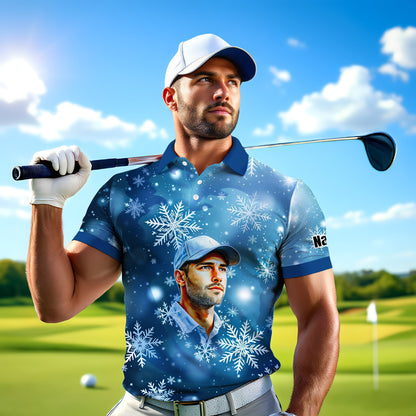 Custom Face Golf Polo Shirt – Personalized Christmas Golf Shirt for Him, Unique Holiday Gift for Golfer, Snowflake Design Golf Apparel Style 5