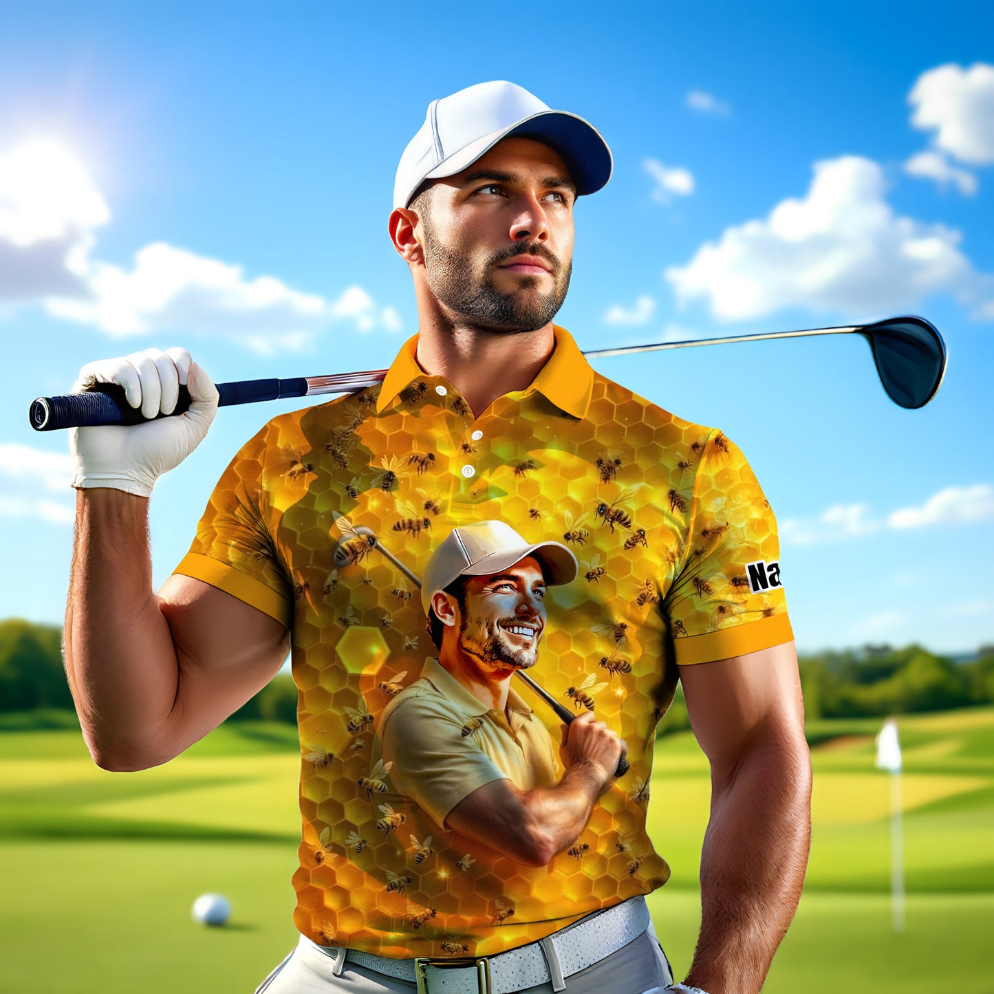 HomyGifts Men's Customized Face Artistic Golf Polo Shirt, Personalized Bee & Honeycomb Polo Shirt with Face, Funny Honey Lover Outfit, Summer Polo for Men Style 5