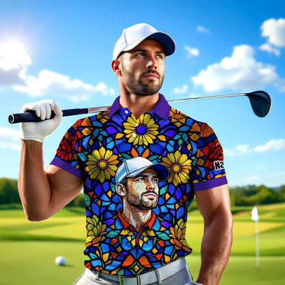 Custom Face Golf Polo Shirt – Personalized Stained Glass Art Shirt, Unique Golf Gift for Him, Colorful Abstract Golf Polo, Custom Sportswear